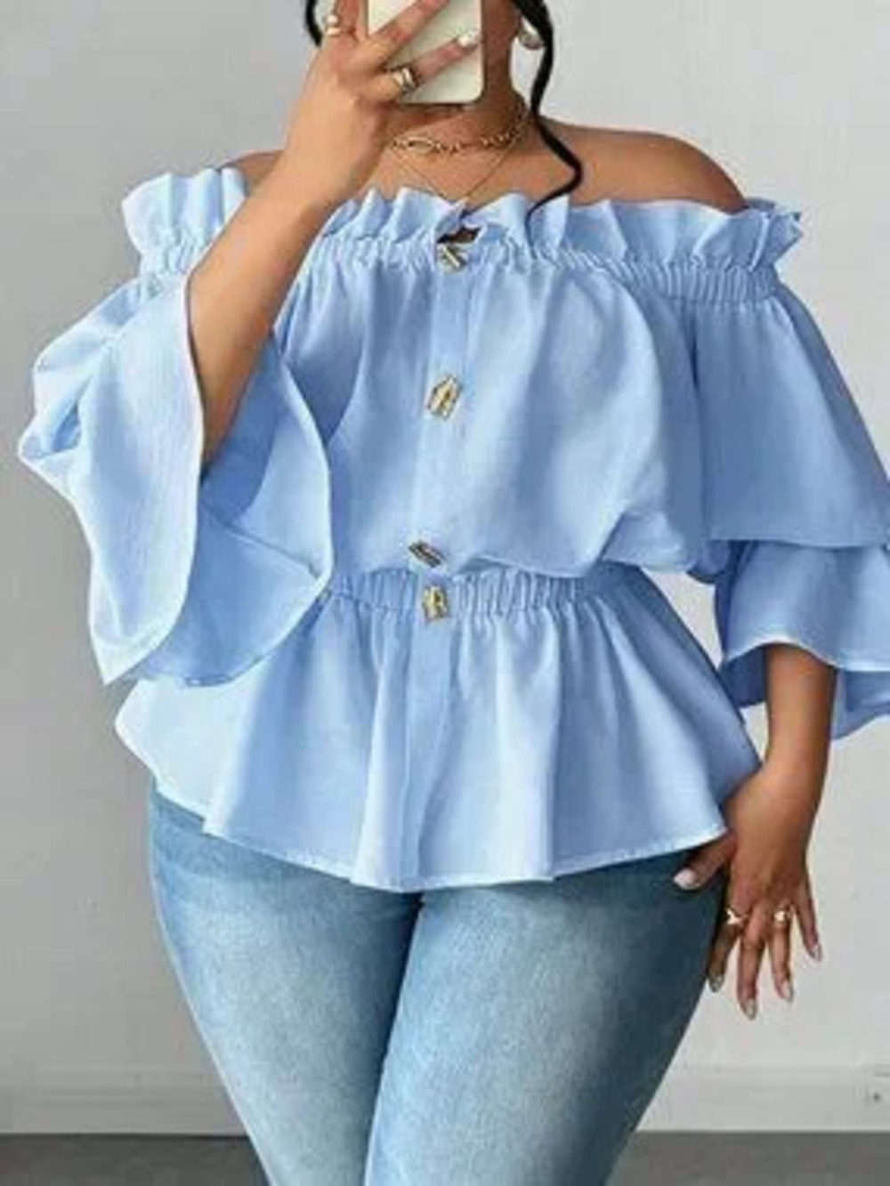 Blue Casual Women's Plus Size Off-Shoulder Ruched Blouse